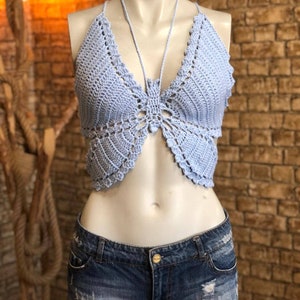 Butterfly Crochet Crop Top, Handmade, Handknit  Boho, Cotton, summer Outfit, Y2K, Festival Bralette