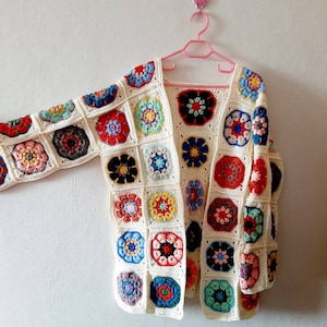Handmade Crochet Granny Square Cardigan: Colorful Patchwork Coat, Soft Hand Woven Oversized Cardigan, Crochet Cream Jacket