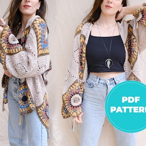 Crochet Bohemian Cardigan Pattern: Afghan Motif Women's Top (PDF)