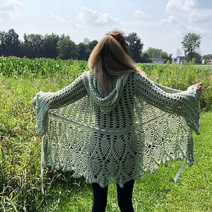 Sage Green crocheted festival sweater, Crocheted festival jacket, Fairy sweater, Renaissance festival sweater, Graceful Ewe Fiber Arts