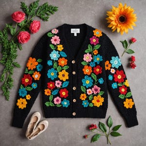 Women Crochet top Custom Made Sweater Black Jacket Coat for Winter Cute Y2k Cardigan Clothing