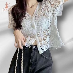 Women Crochet Knit Blouse, Boho Embroidered Floral Shirt, Y2K Hollow Out Top, Summer Short Sleeve Beachwear, Streetwear Lace Knitted Blouse