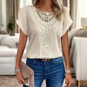 Lace Crochet Knit Blouse, Boho Casual Fall Blouse, Short Sleeve Tee, Crocheted Autumn Women's Top