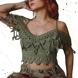 Gaia Top Crochet PATTERN: Boho Floral Crop Halter with Leaf Garland