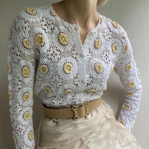 Crochet Blouse: White Cotton Openwork with 3D Flowers - Y2K Style