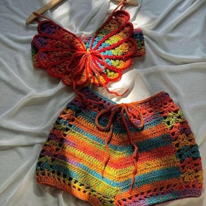 Rainbow Butterfly Crochet Set – Colorful Bralette and Shorts – 2 Piece Summer Outfit