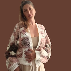 Granny Square Cardigan - Boho Handmade Crochet Sweater Cozy Fashion M L XL Size Cardigan for Women Spring Festival Knitted