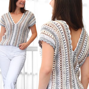 Crochet pattern- ALYSSA Crochet top pattern PDF- Women crochet top -2 panels V-neck -Easy crochet shirt short sleeve blouse wearable- XS-3XL