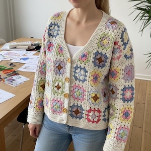 Handmade Crochet Cardigan Multi Color Granny Square Cotton Acrylic Sweater Button Down Cozy Layer