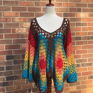 Hand Crocheted Granny Square Hankie Sweater- Retro Rainbow